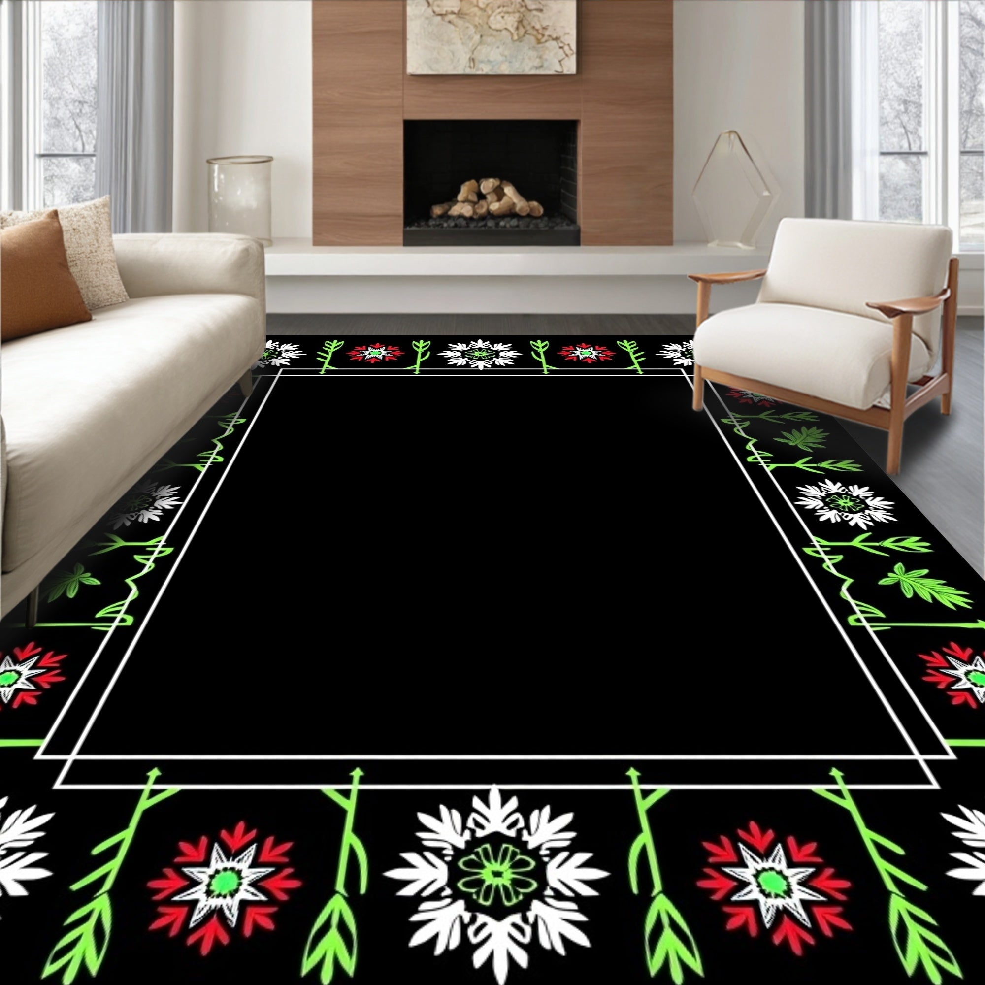 Bold Floral Border Red White Green Rug