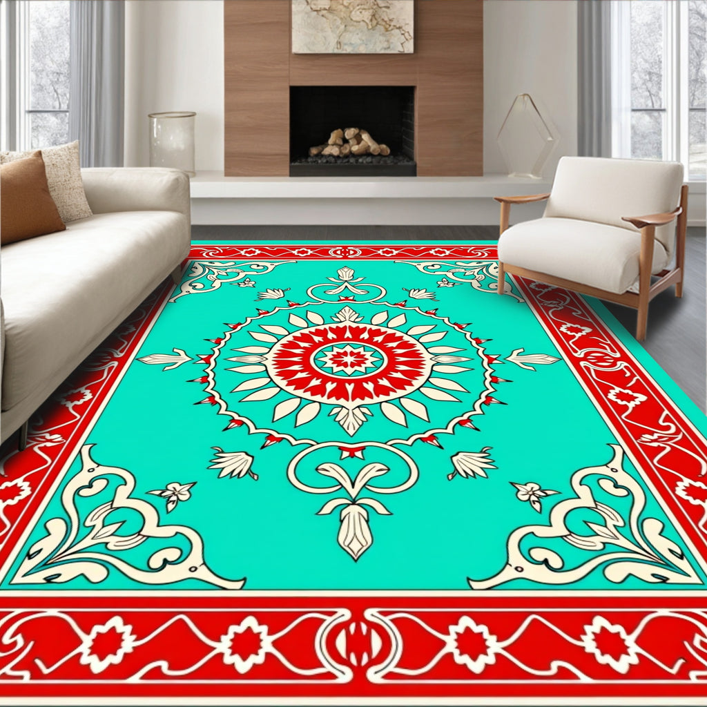 Turquoise Red Floral Medallion Border Rug