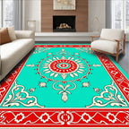Turquoise Red Floral Medallion Border Rug