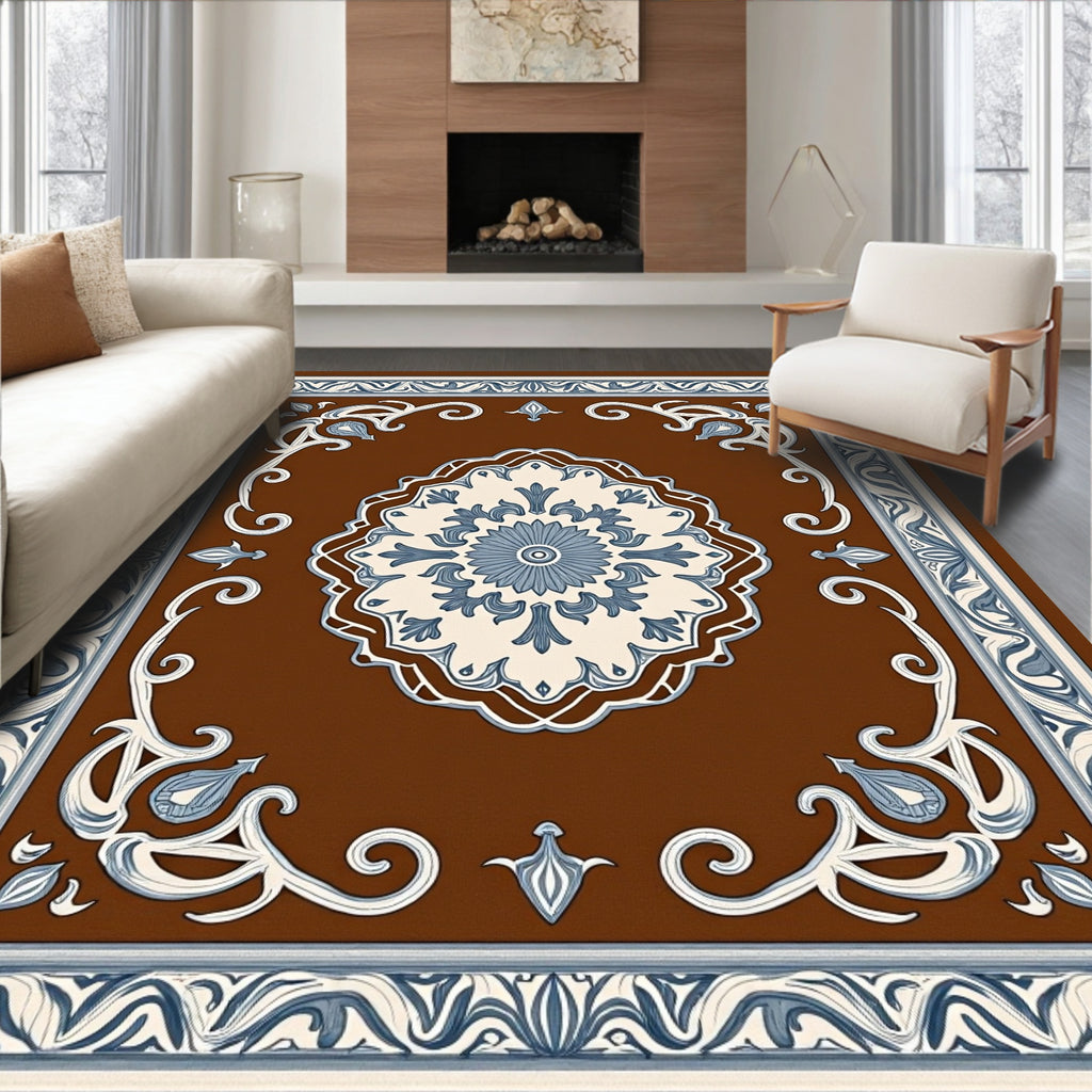 Brown Cream Blue Floral Medallion Rug