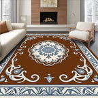 Brown Cream Blue Floral Medallion Rug