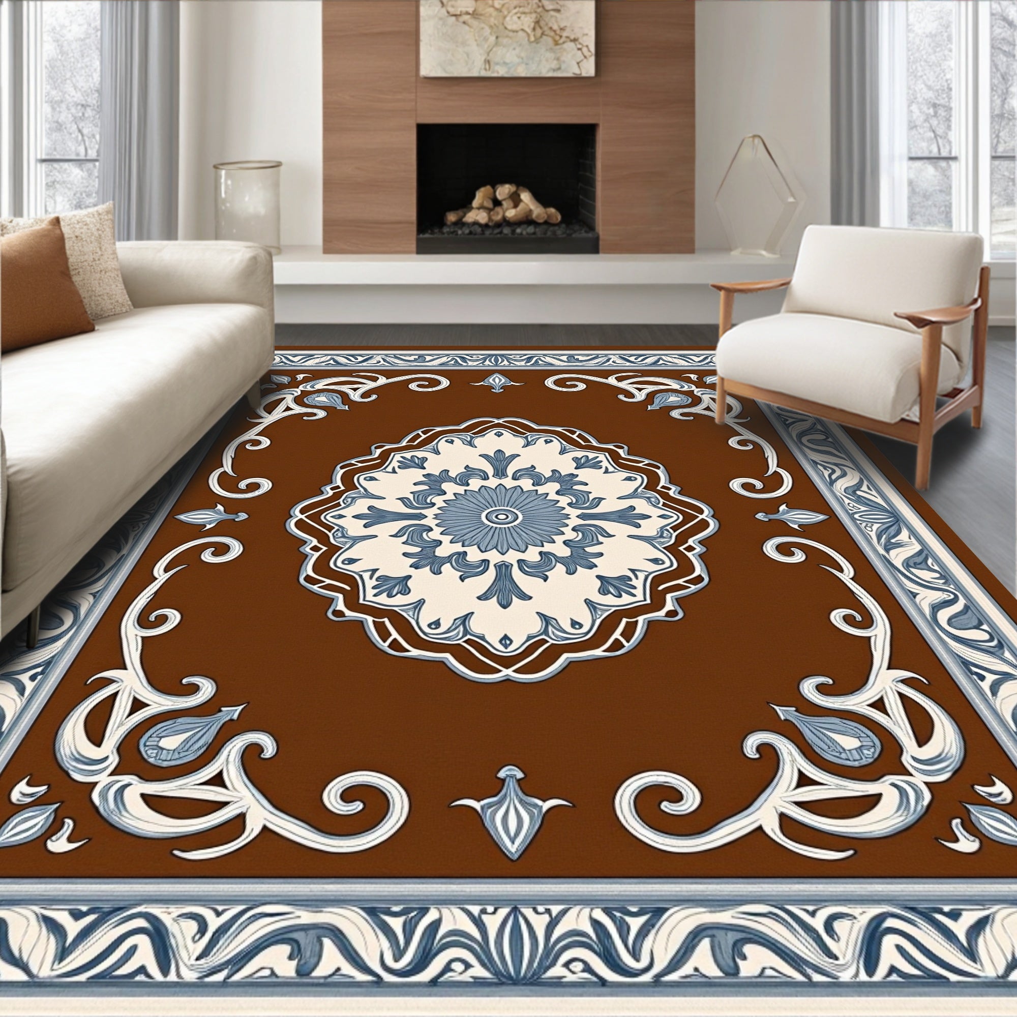 Brown Cream Blue Floral Medallion Rug