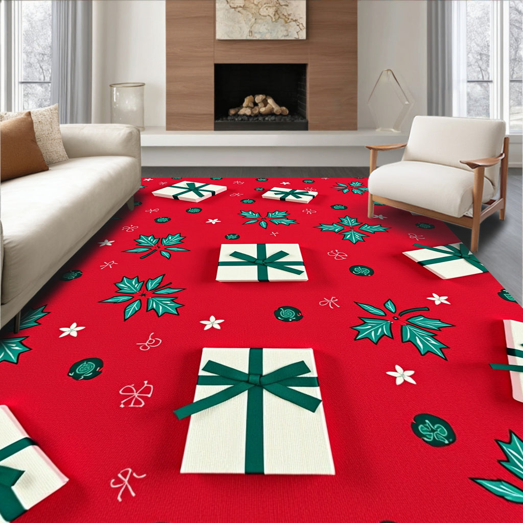 Red White Green Holly Gift Pile Rug