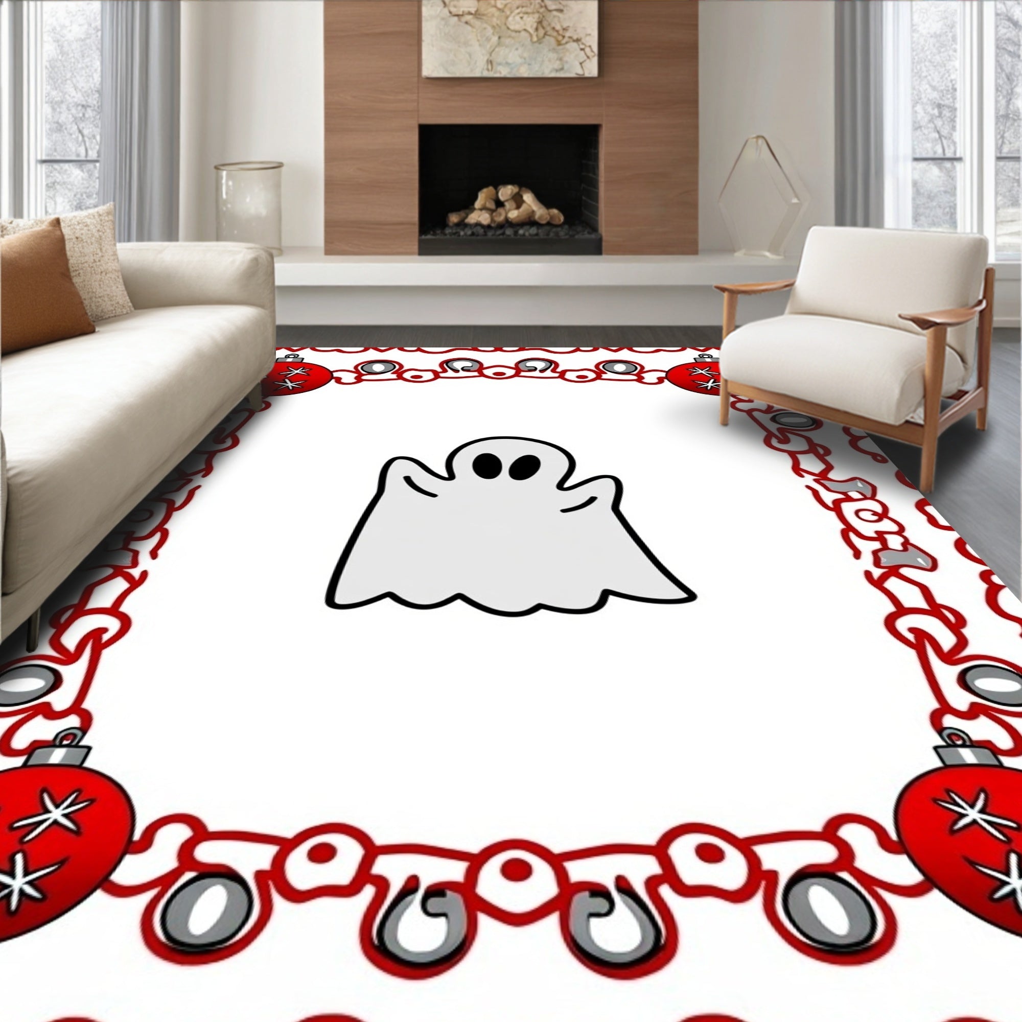 Red Festive Ghost Christmas Ornament Rug
