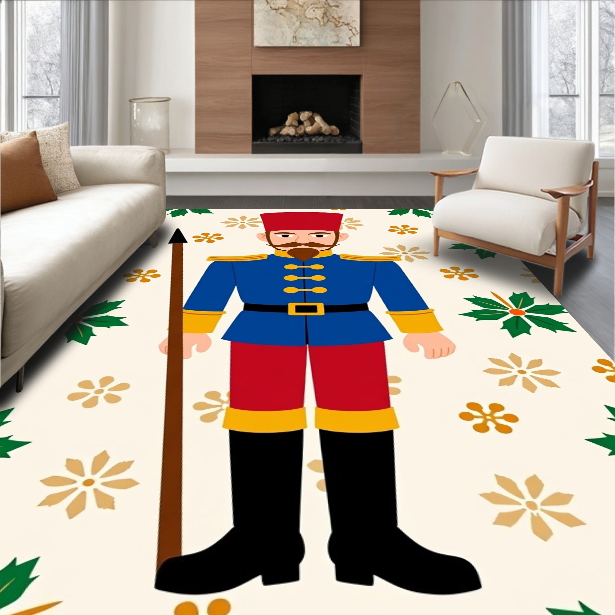 Nutcracker Soldier Red Blue Holly Gold Rug