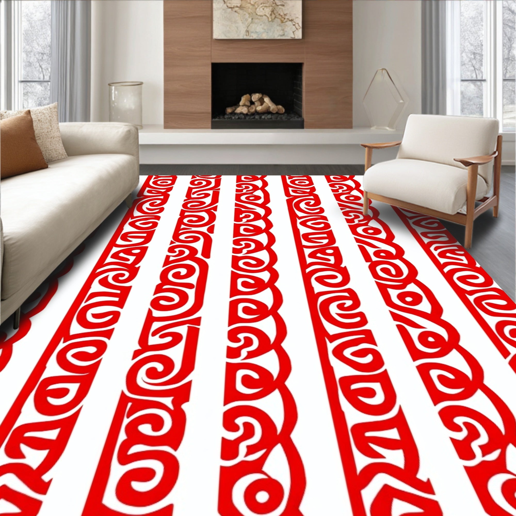 Bold Red Scrolling Vine Border Rug