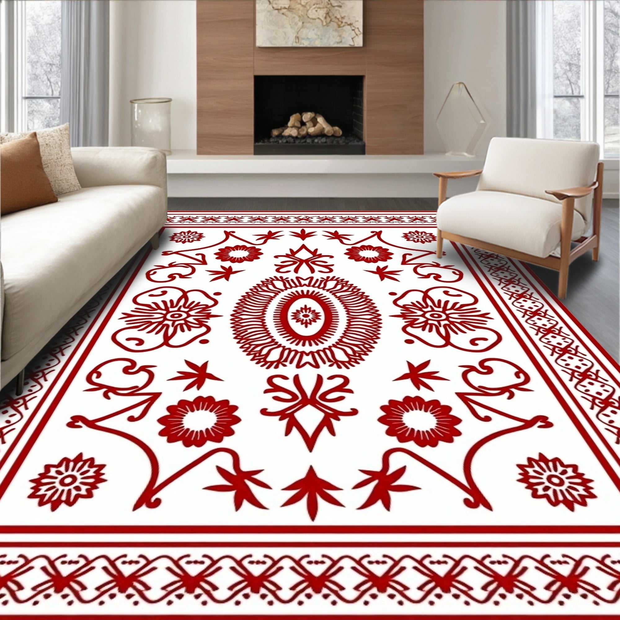 Crimson Floral Medallion Lattice Rug