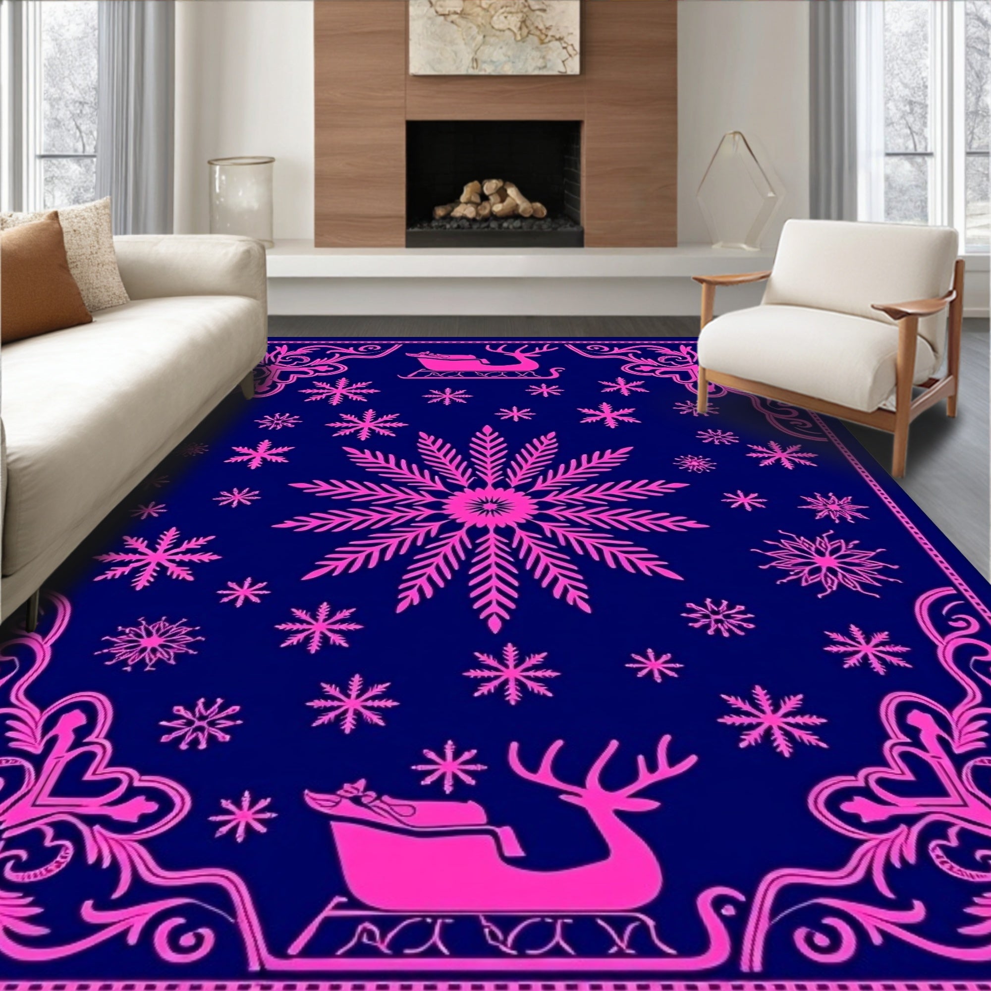 Hot Pink Snowflake Reindeer Sleigh Navy Rug