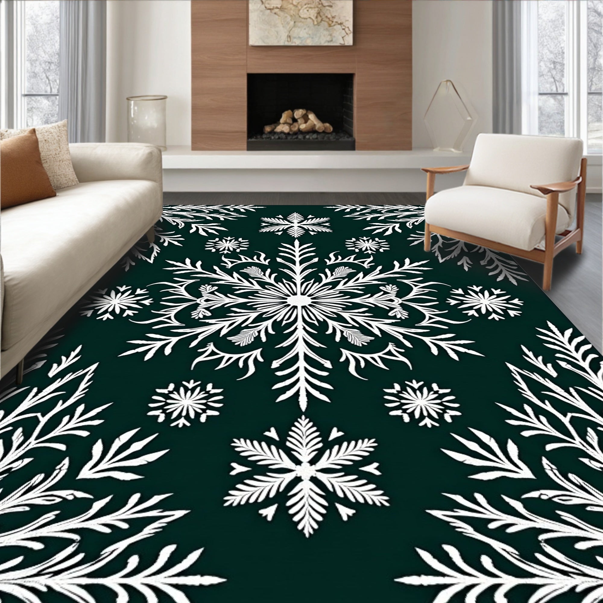 White Snowflake Foliage Emerald Rug