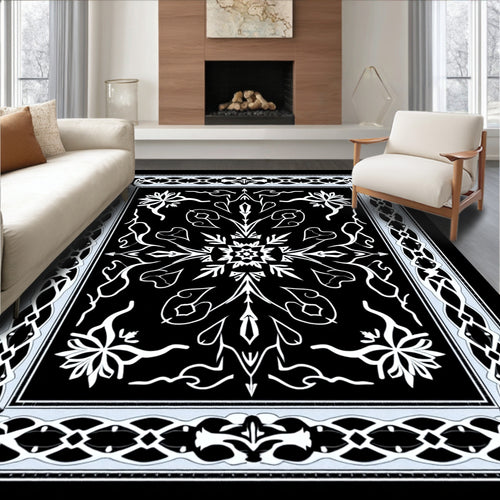 Black and White Stylized Floral Mandala Rug