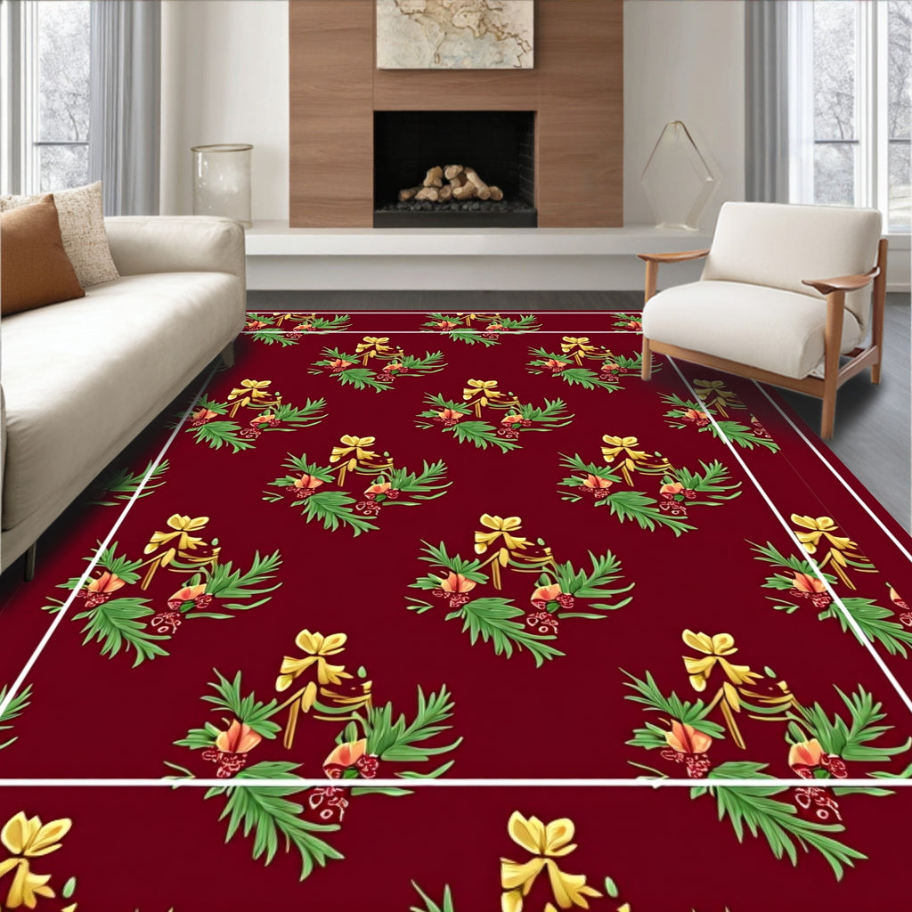 Crimson Golden Bow Floral Bouquet Rug