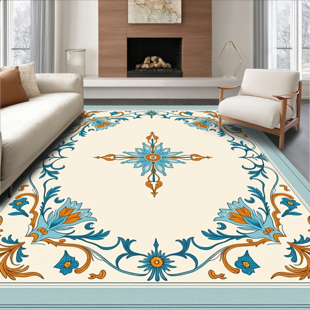 Regal Blue Orange Floral Medallion Border Rug