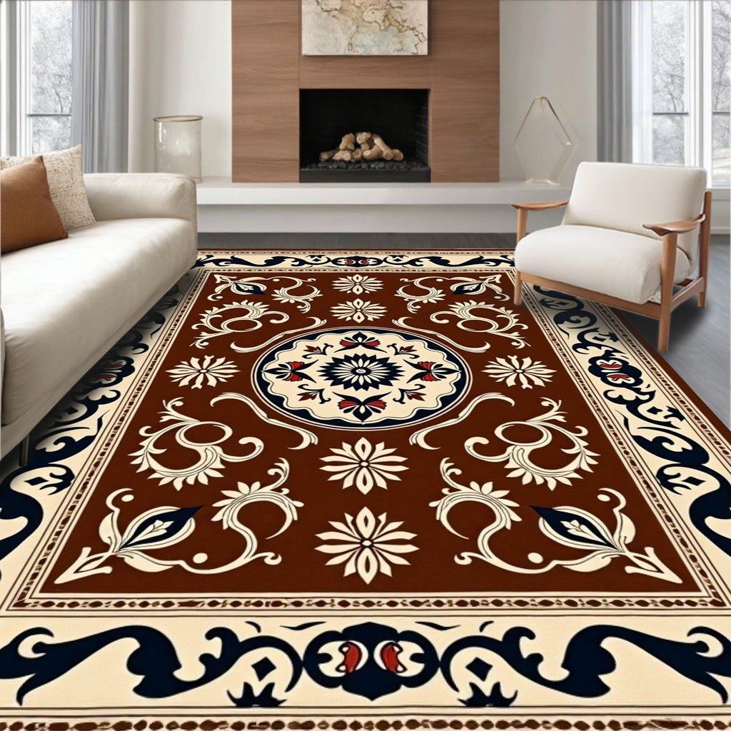 Ornate Brown Ivory Dark Navy Medallion Rug