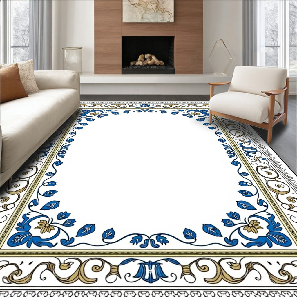 Ornate Blue Gold Scroll Border Art Rug