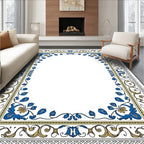 Ornate Blue Gold Scroll Border Art Rug