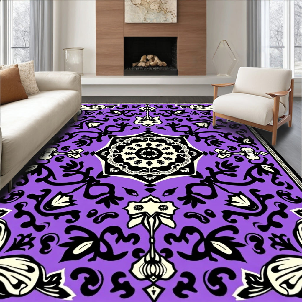 Purple Black White Floral Medallion Rug