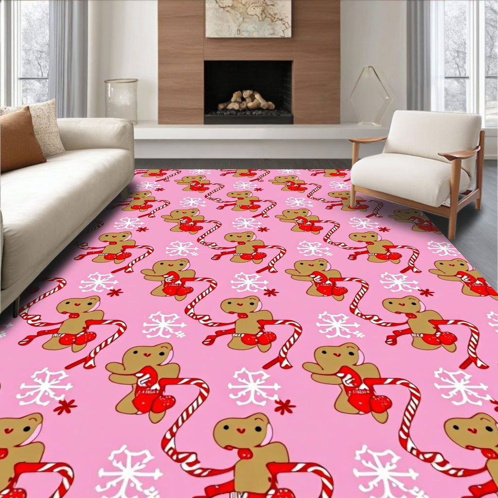 Pink Gingerbread Man Candy Cane Snowflakes Rug
