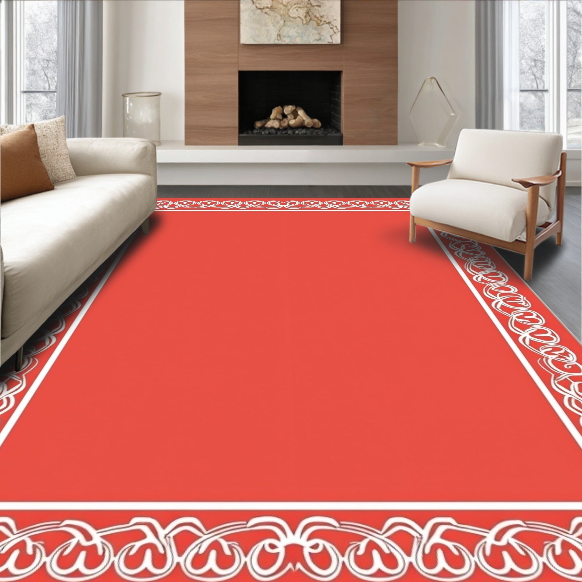 Coral White Floral Border Rug
