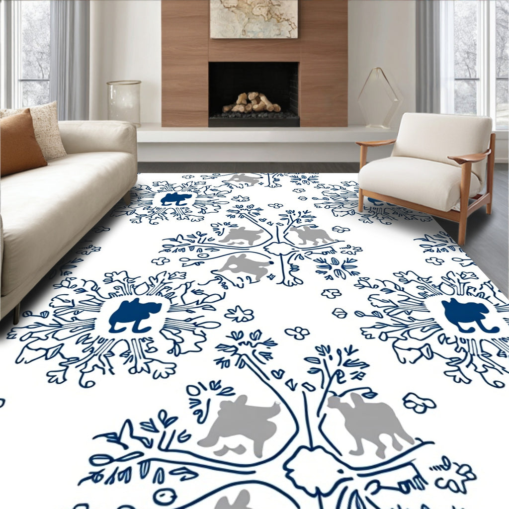 Dark Blue Whimsical Animal Tree Medallion Rug