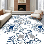 Dark Blue Whimsical Animal Tree Medallion Rug
