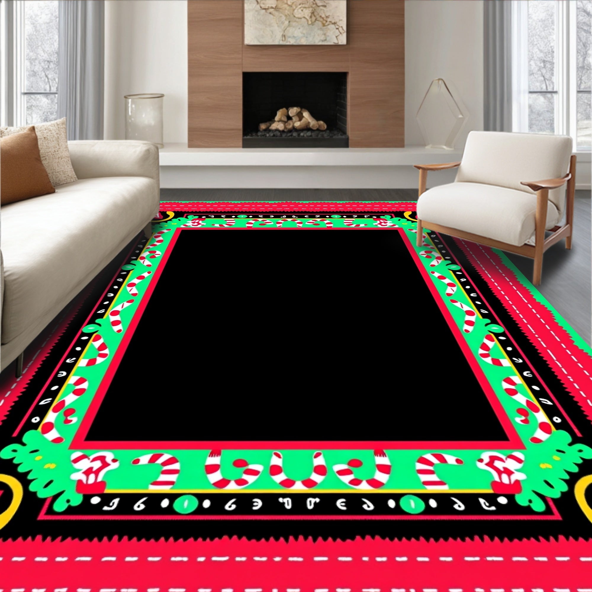 Vibrant Red Green Candy Cane Border Rug