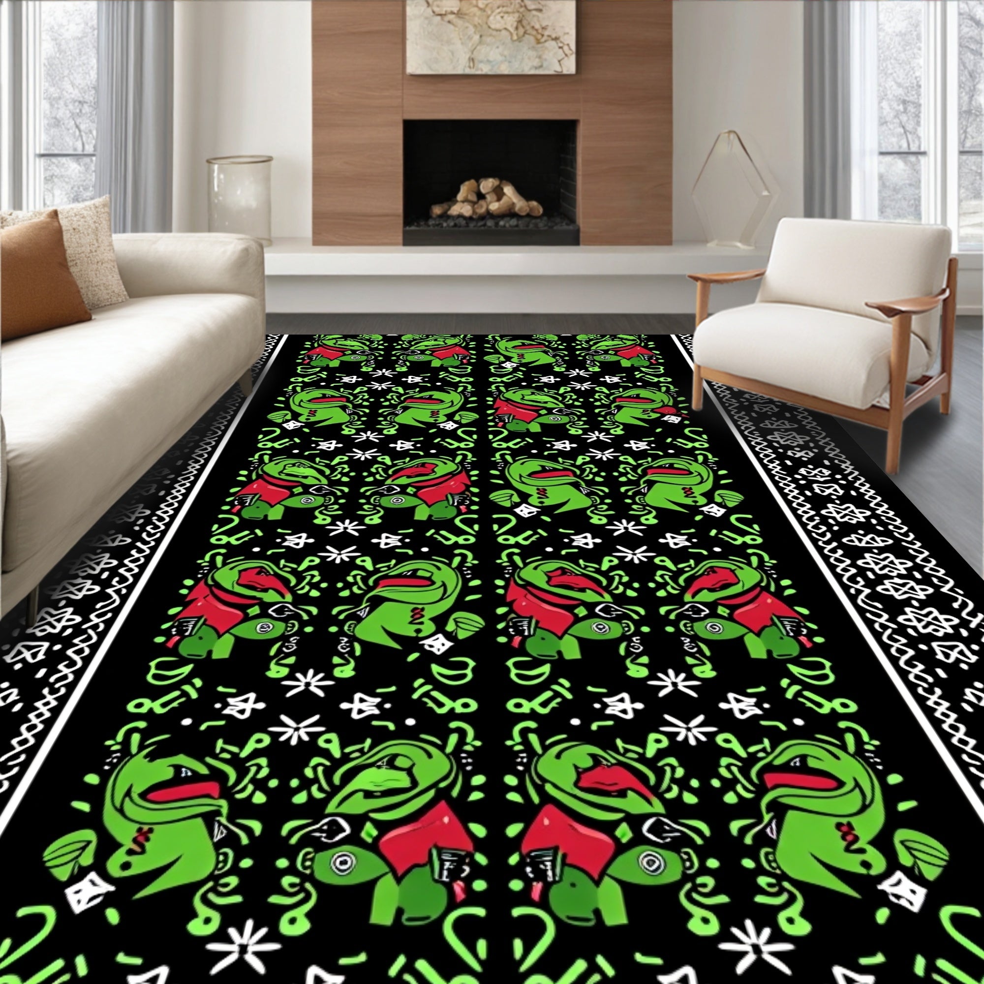 Green Red Creature Black Tribal Border Rug