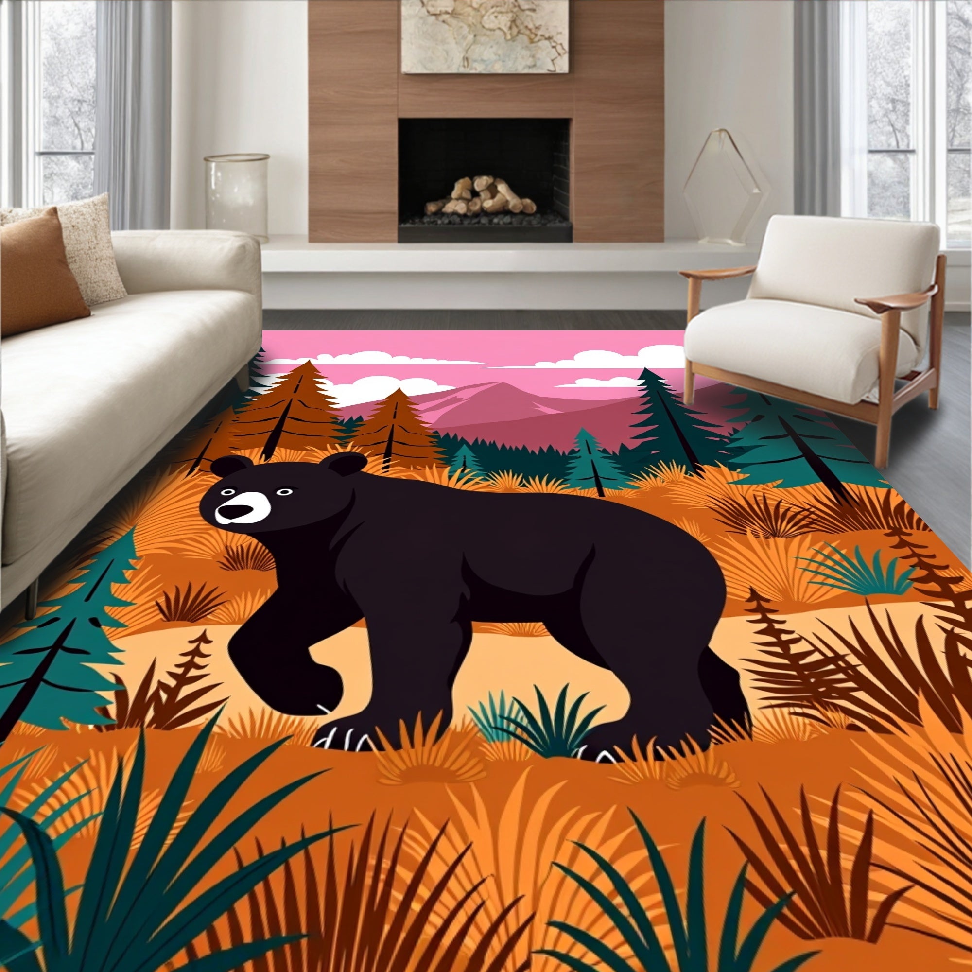 Forest Bear in Pink Mountain Sky Rug