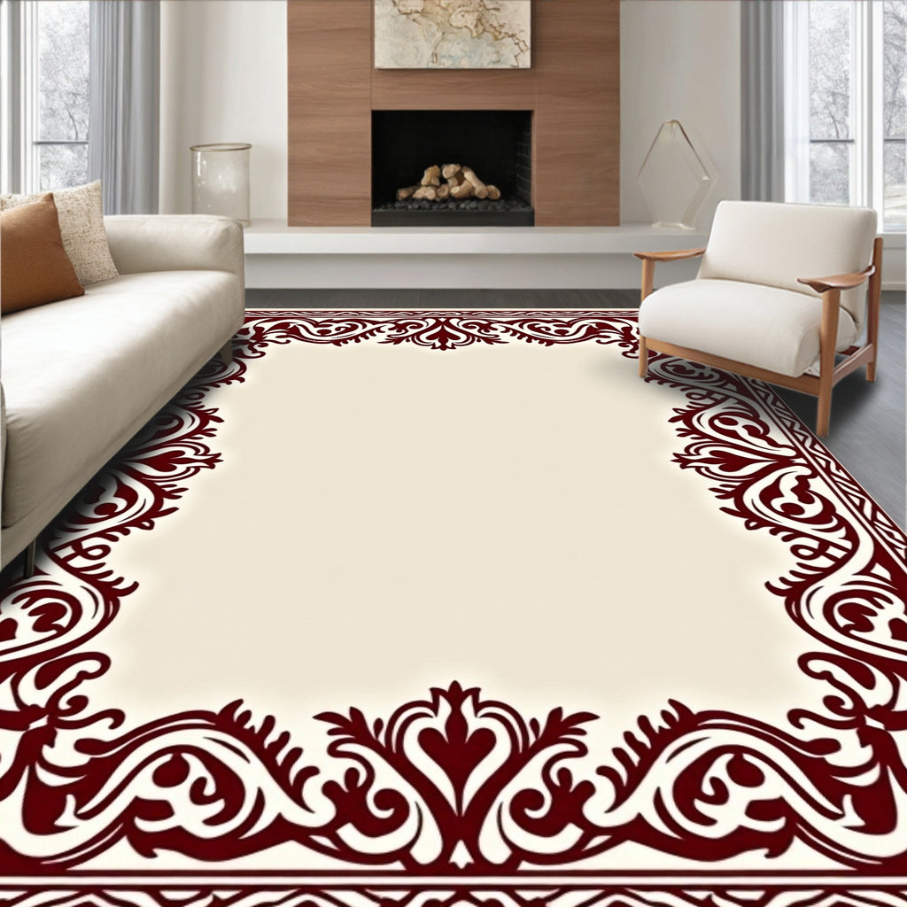 Elegant Maroon Floral Scroll Border Rug