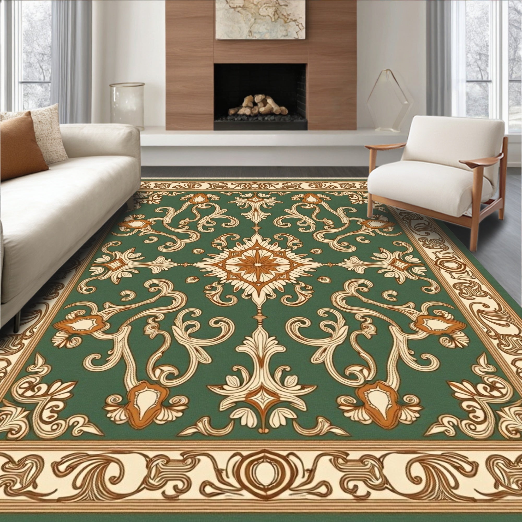 Emerald Green Floral Medallion Frame Rug