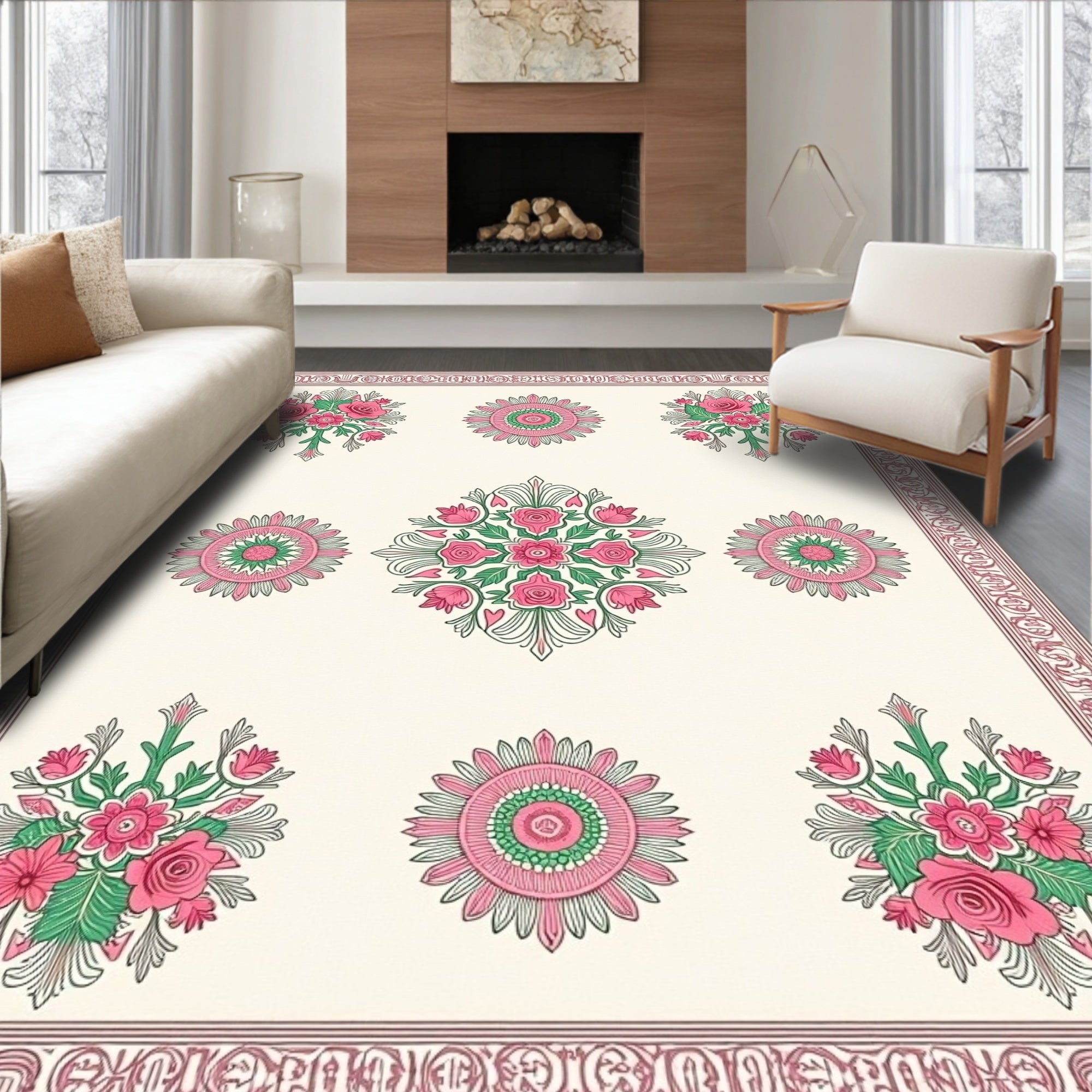 Pink Floral Bouquet and Rosette Arrangement Rug
