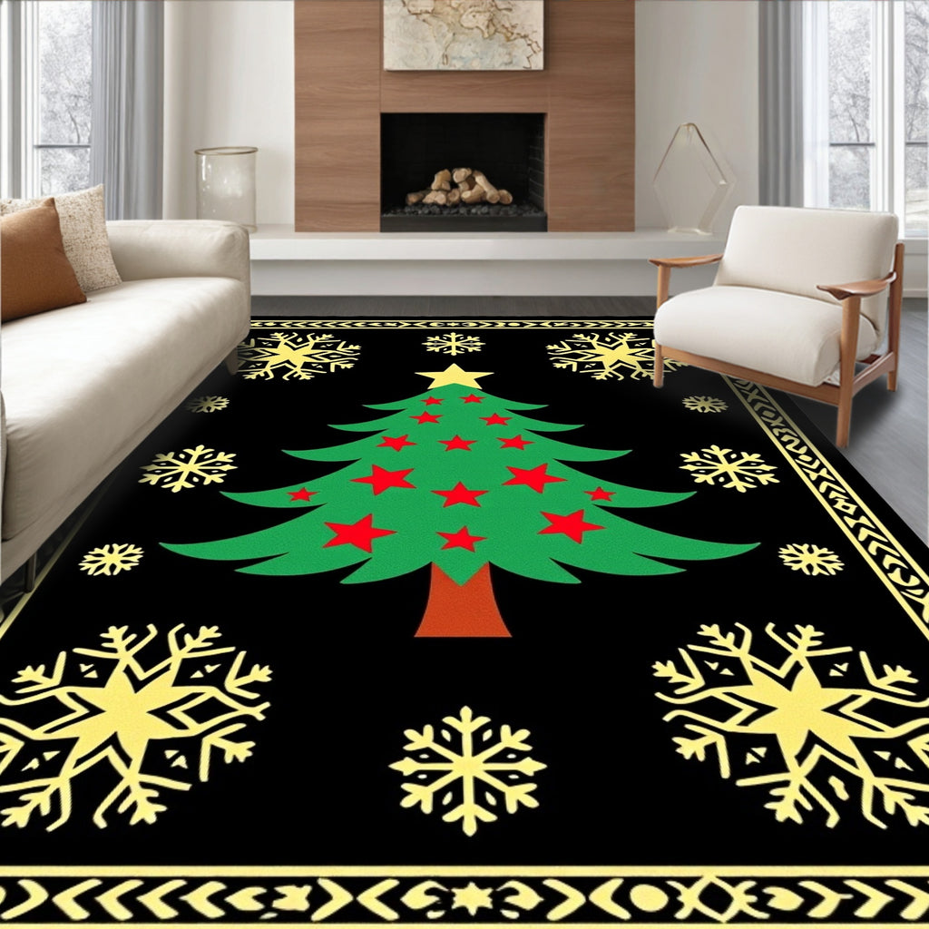 Festive Black Green Starry Snowflake Tree Rug