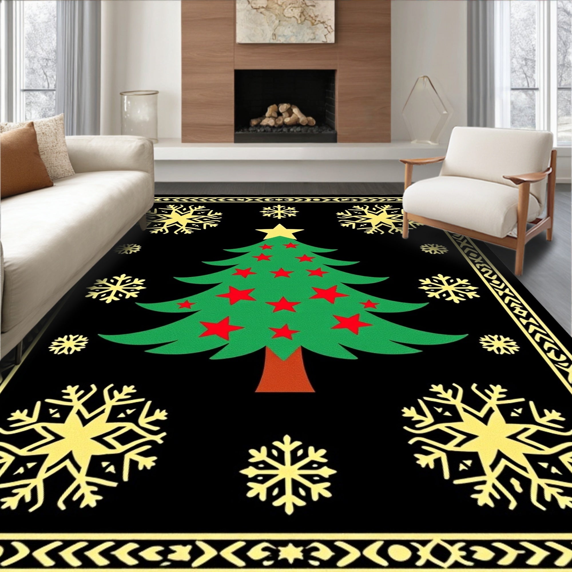 Festive Black Green Starry Snowflake Tree Rug