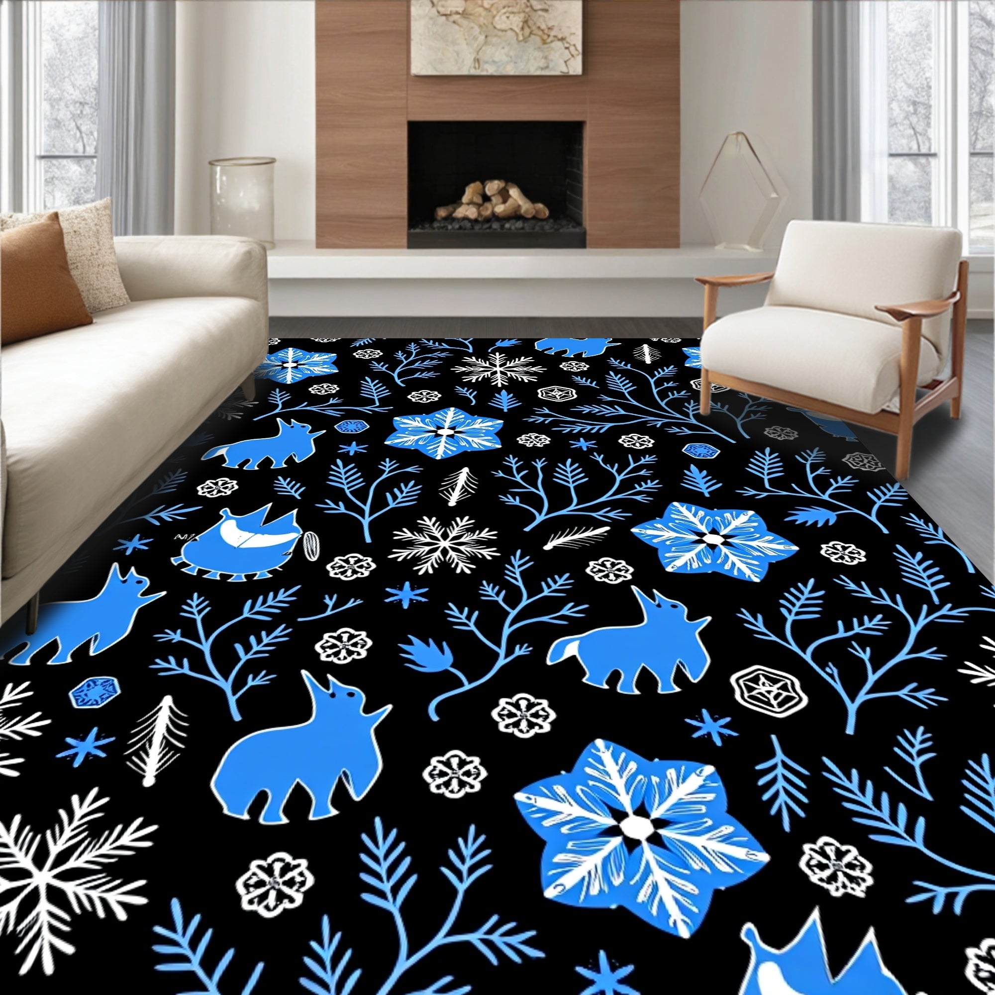 Whimsical Blue Winter Creature Snowflakes Rug