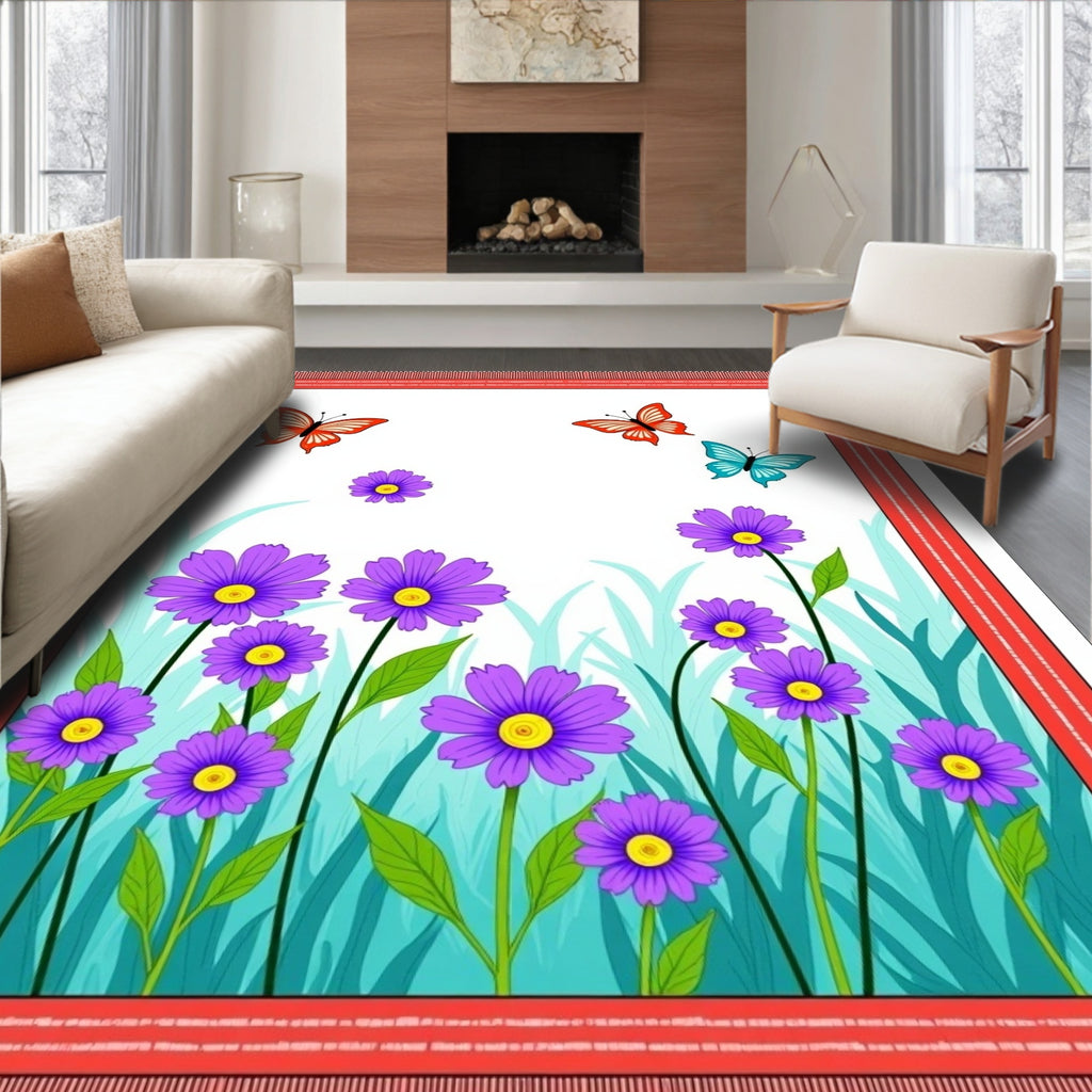 Whimsical Purple Flowers Red Butterflies Garden Rug