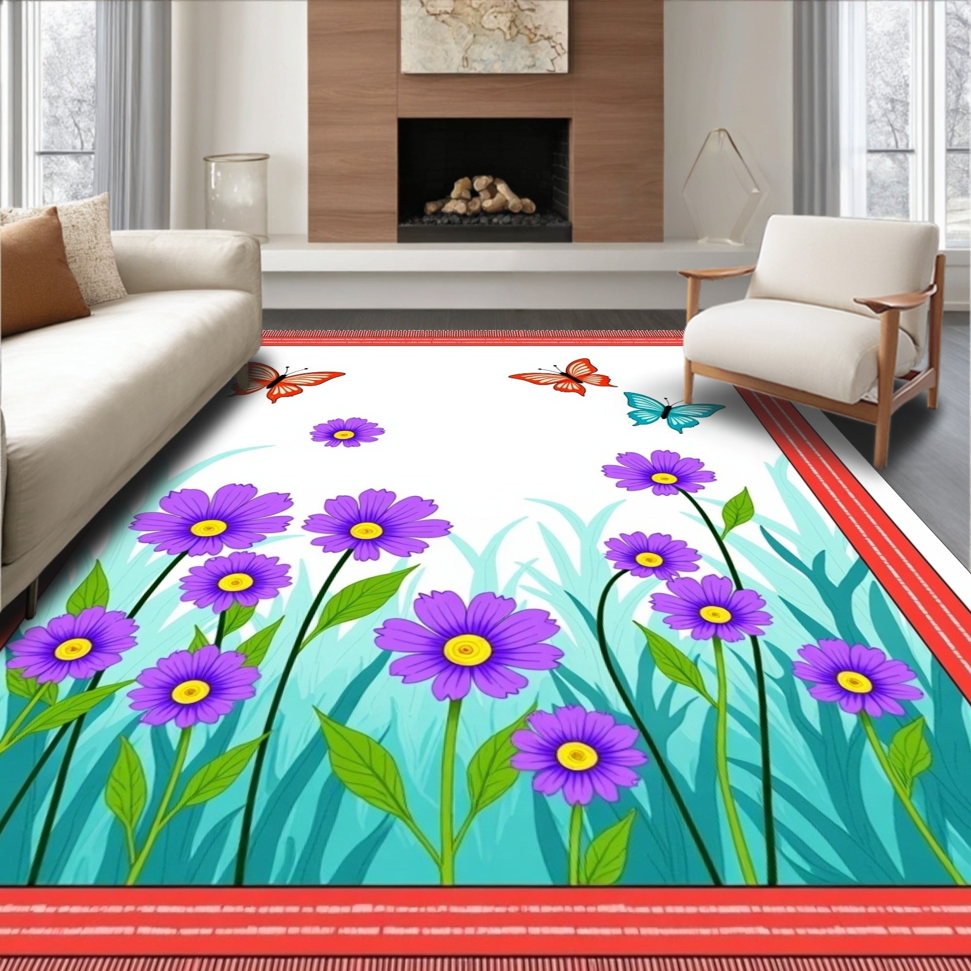 Whimsical Purple Flowers Red Butterflies Garden Rug