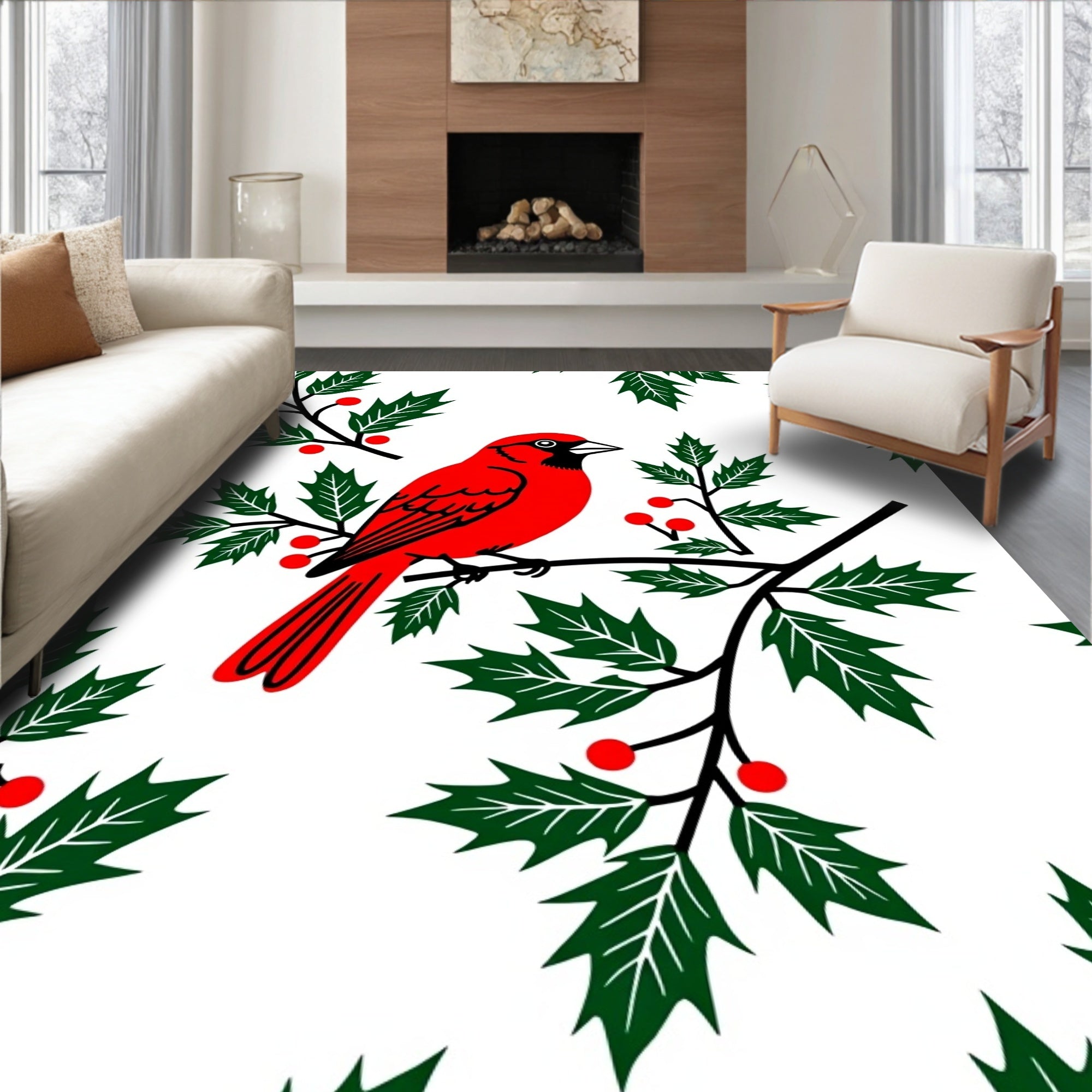 Bold Red Cardinal Holly Branch Rug