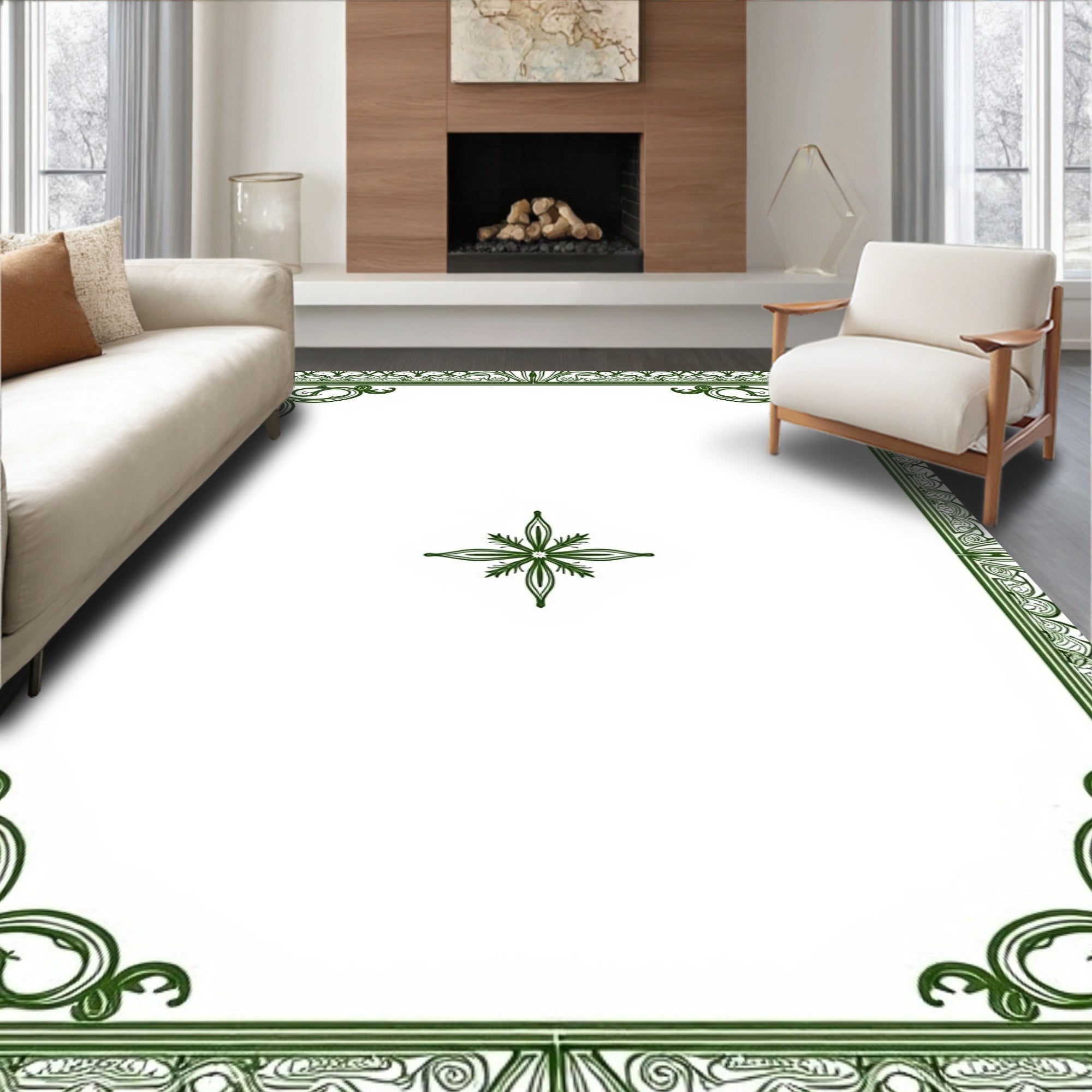Ornate Green Filigree Border Star Rug