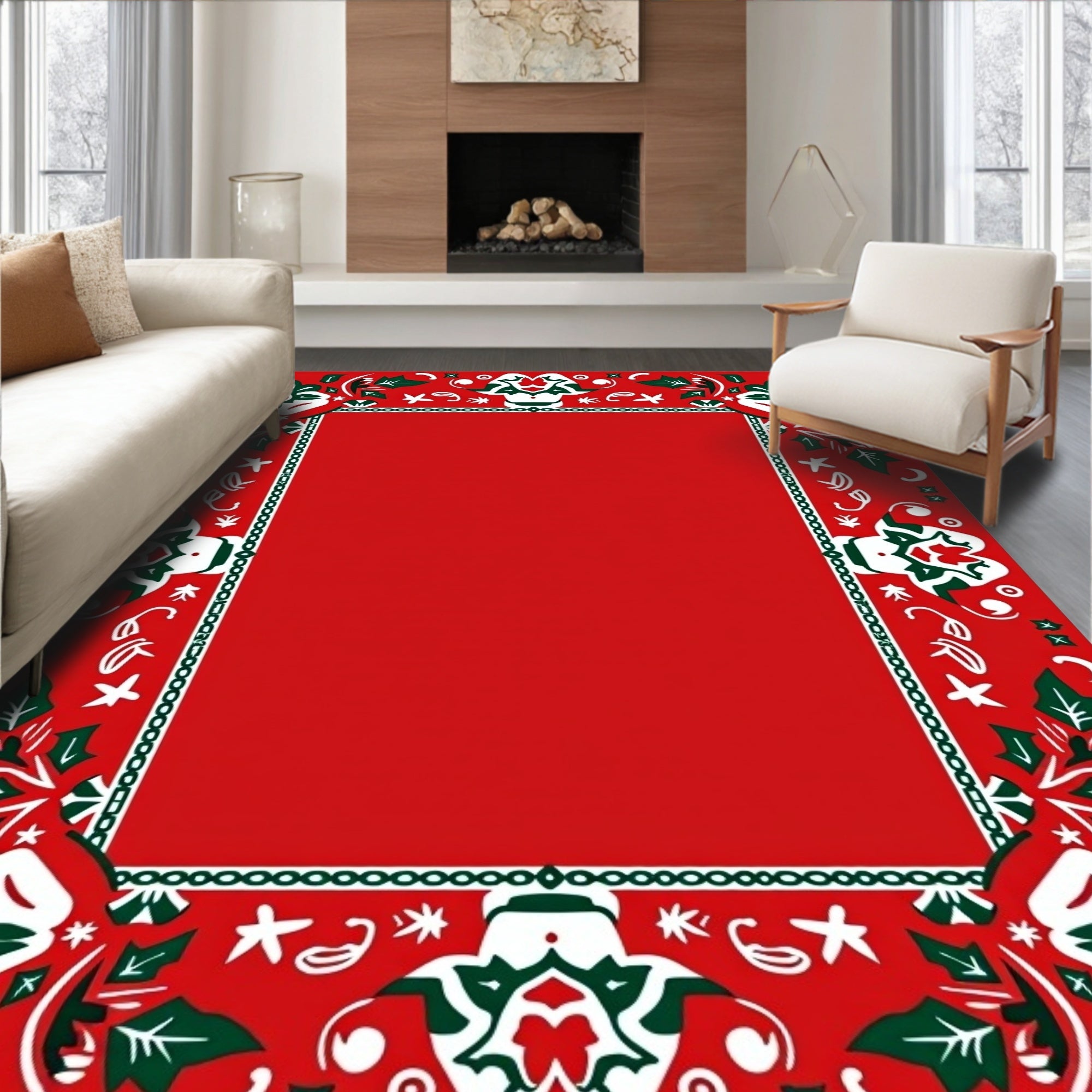Festive Red Holly Floral Border Rug