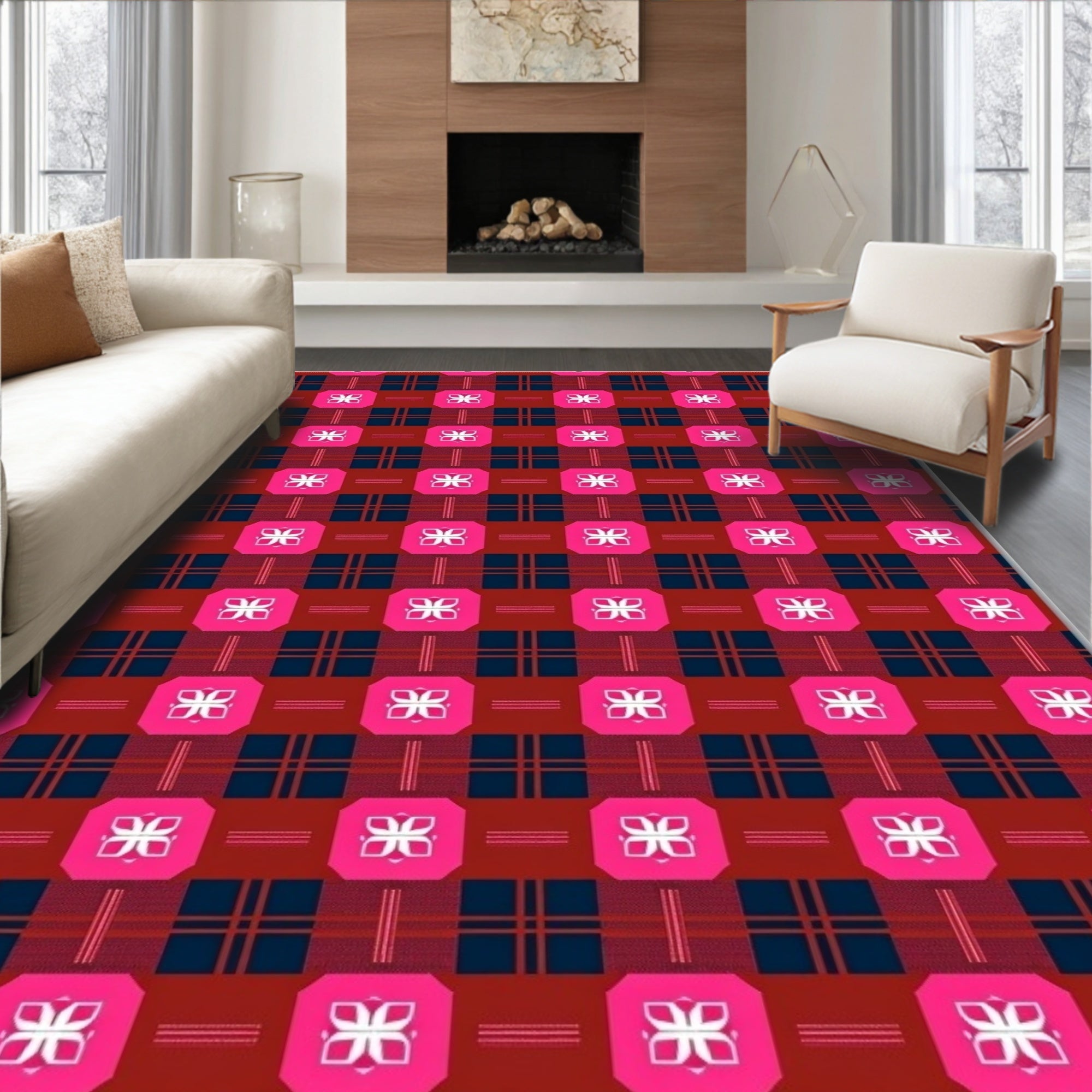 Dazzling Pink White Floral Plaid Rug