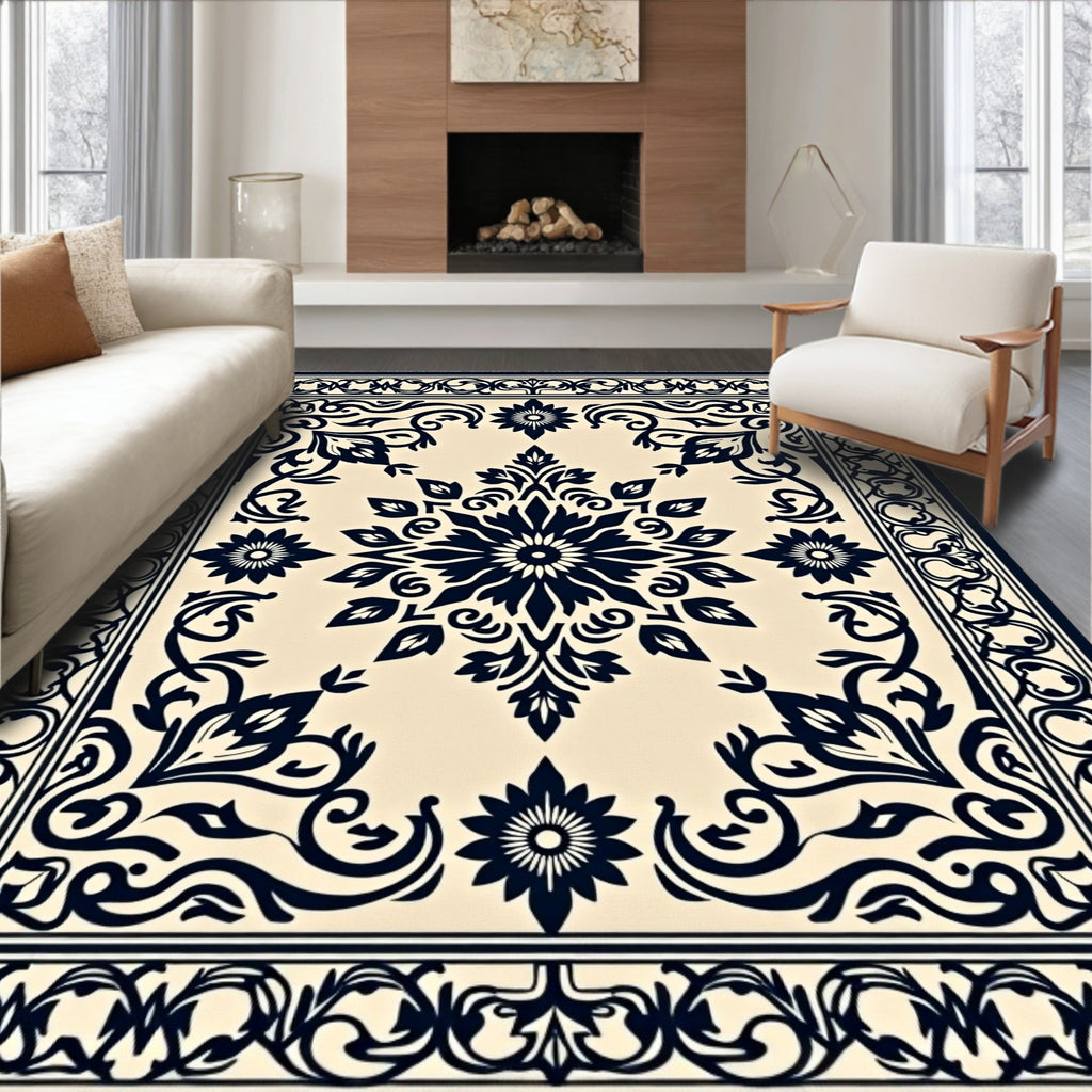 Dark Blue Cream Floral Medallion Rug