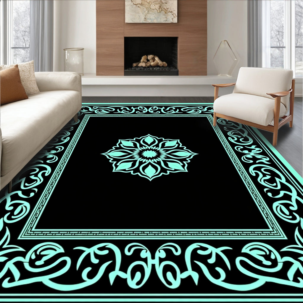 Cyan Black Intricate Floral Mandala Frame Rug