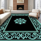 Cyan Black Intricate Floral Mandala Frame Rug