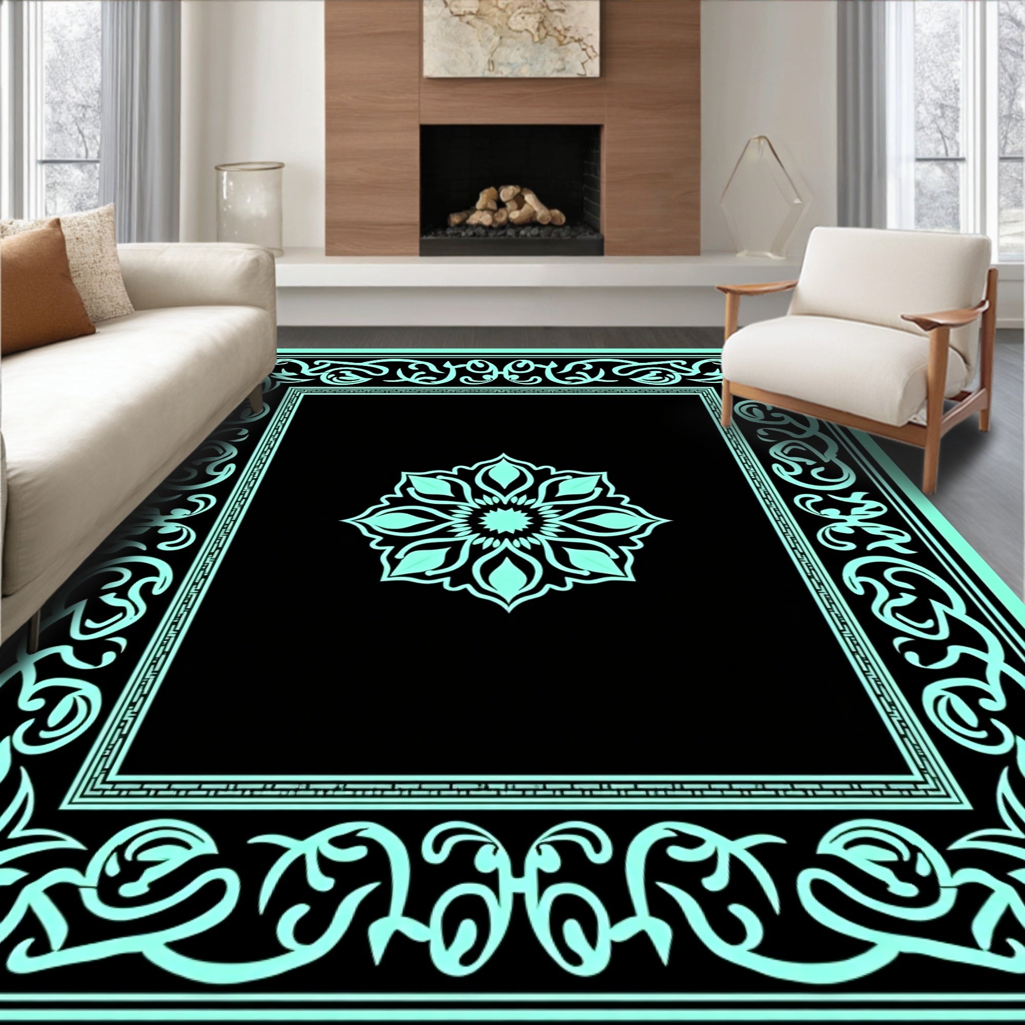 Cyan Black Intricate Floral Mandala Frame Rug