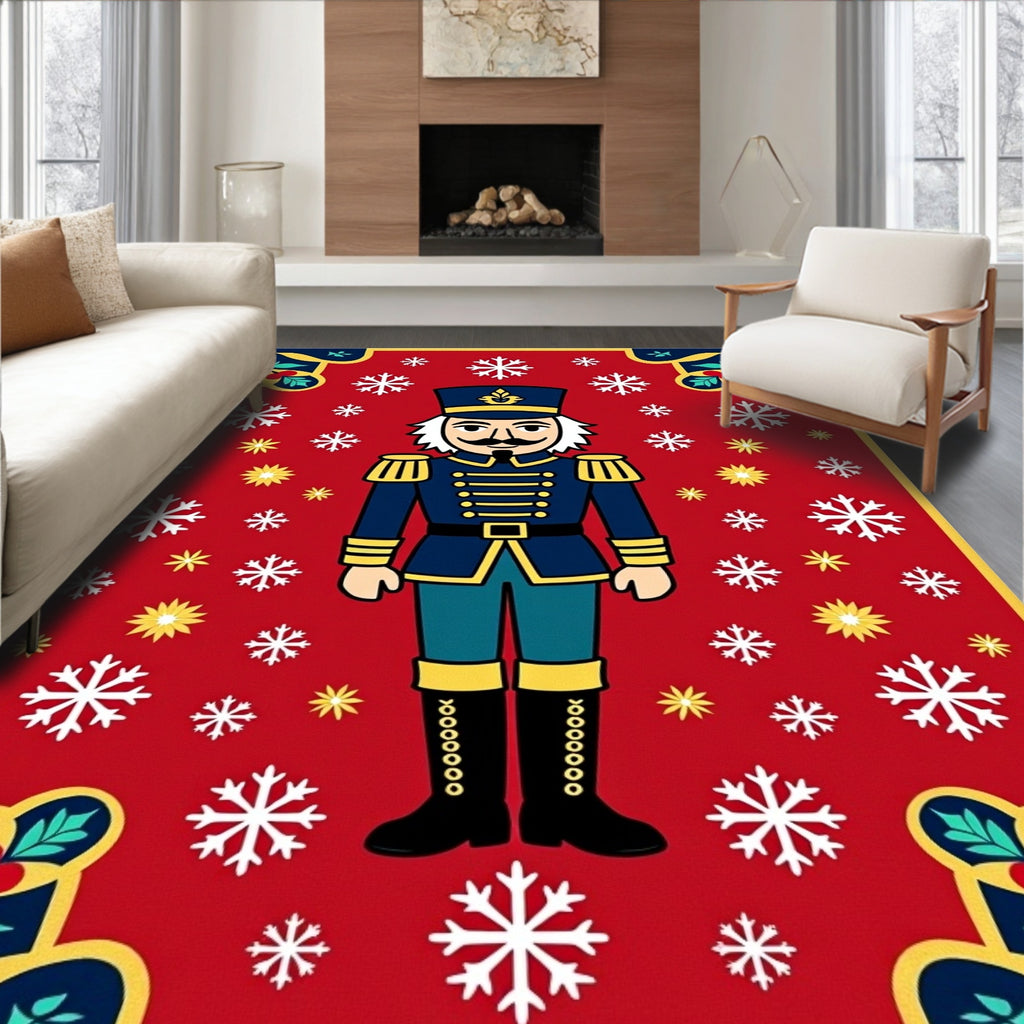 Festive Red Nutcracker Snowflake Border Rug