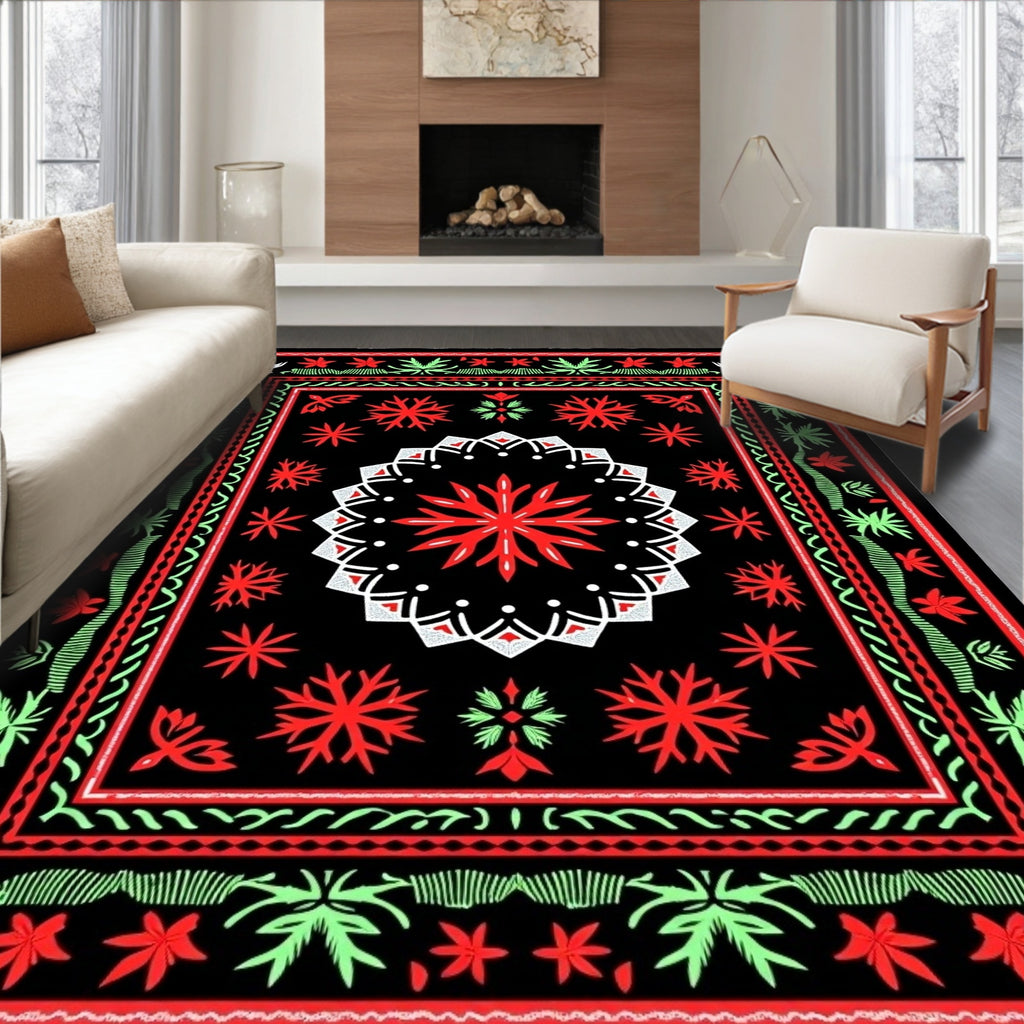 Bold Red Black Floral Mandala Rug