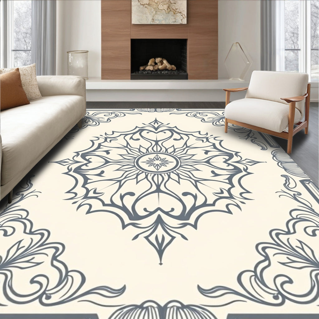 Gray Cream Floral Medallion Frame Rug