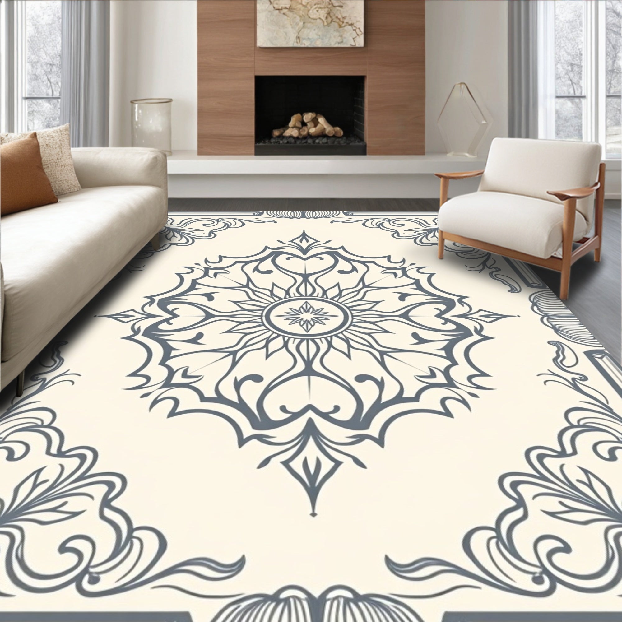 Gray Cream Floral Medallion Frame Rug