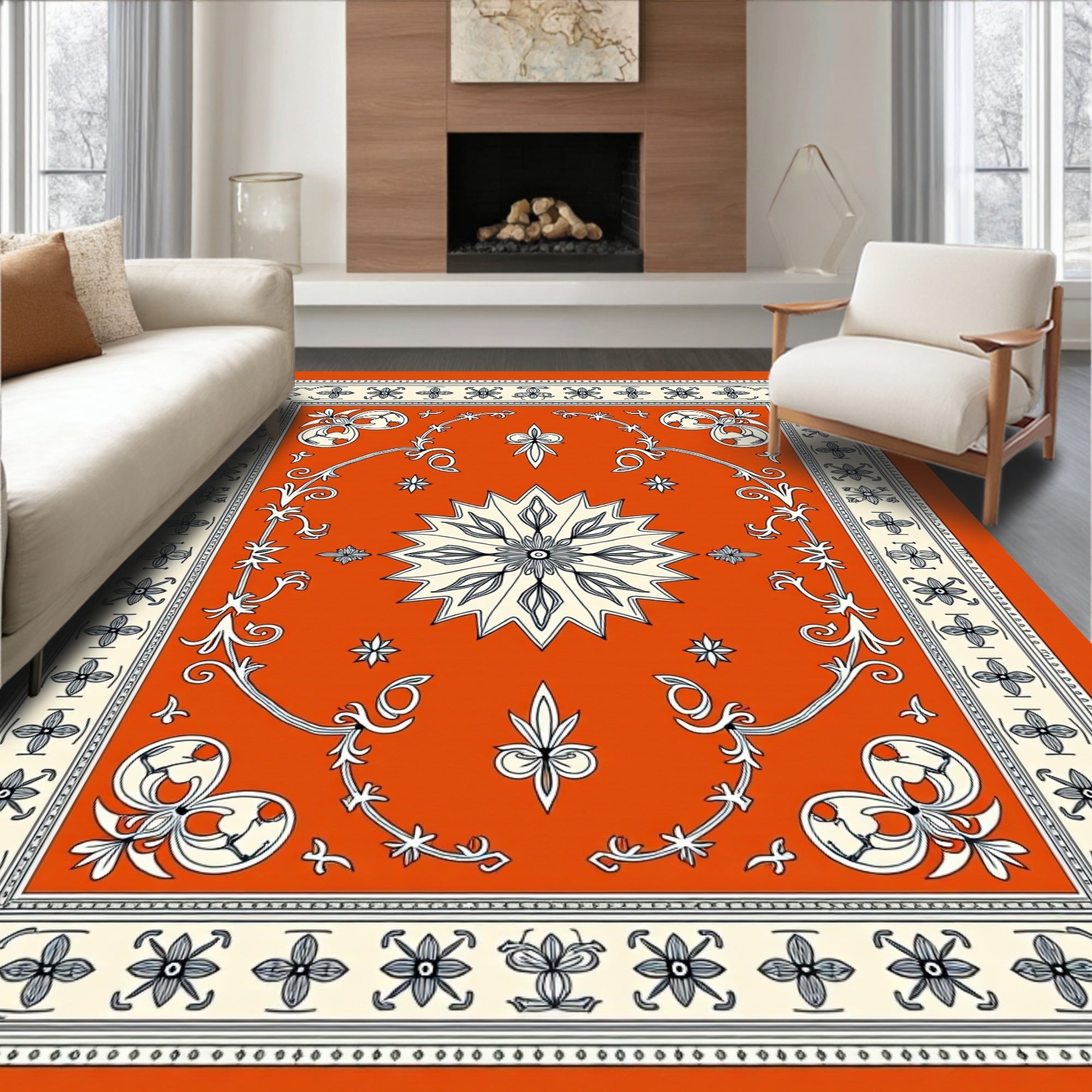 Orange Botanical Floral Medallion Rug