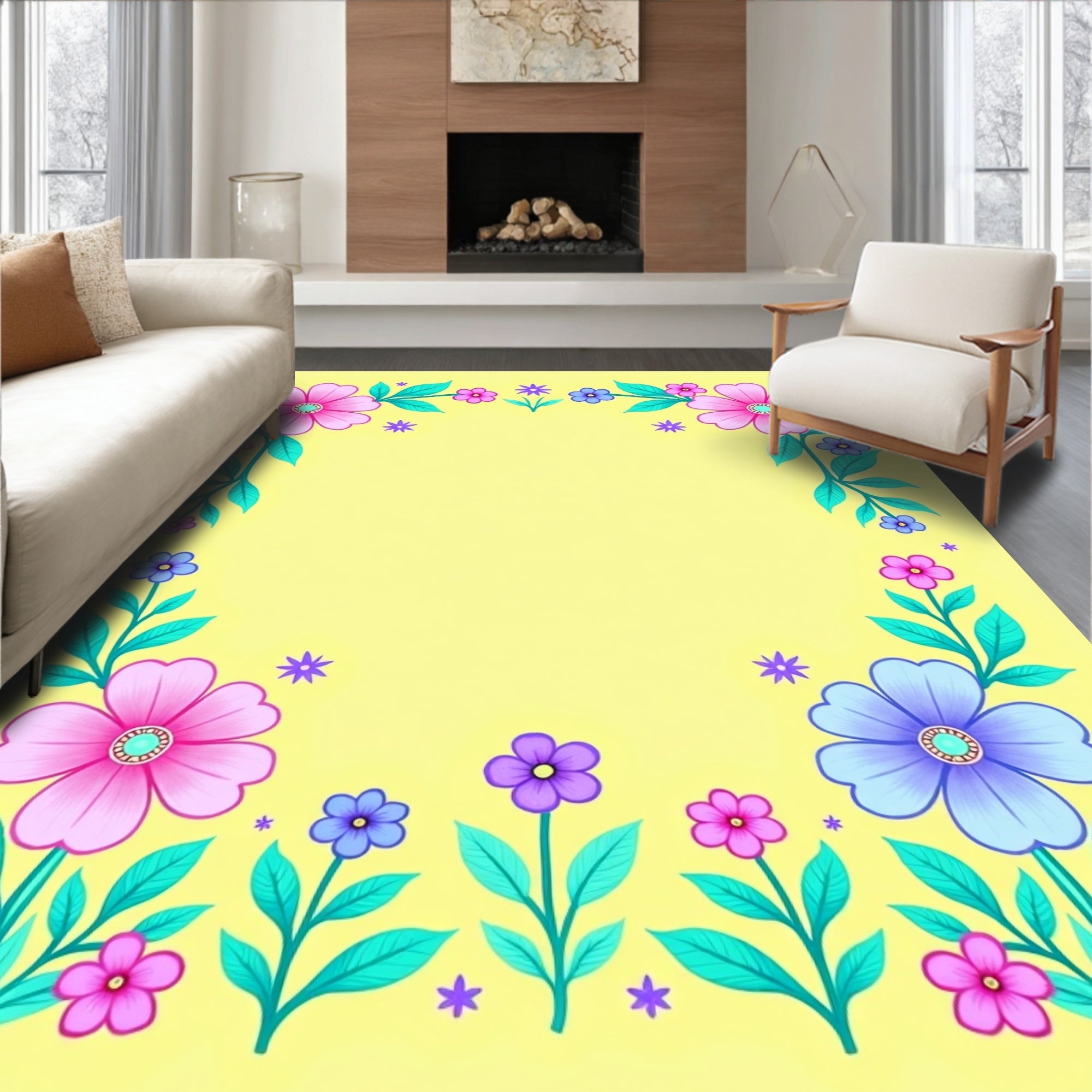 Whimsical Pink Blue Floral Garland Rug