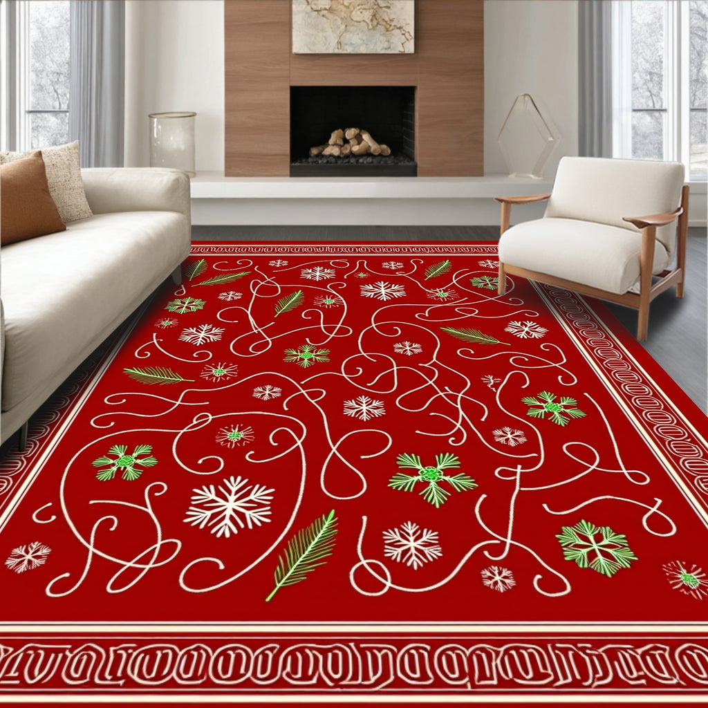 Crimson Snowflake Pine Needle Swirl Rug